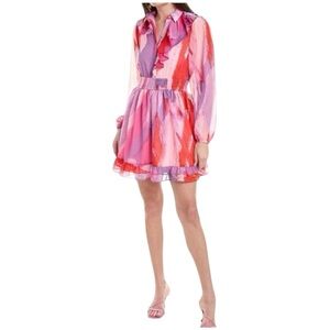 NWT Hutch Kathy Pink Multi Brush Stroke Wrap Ruffled Dress Large 12-14